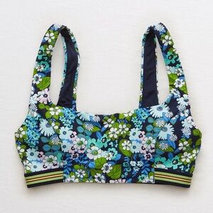 Aerie Floral Striped Trim Wide Strap Scoop Bikini Top | Size Small